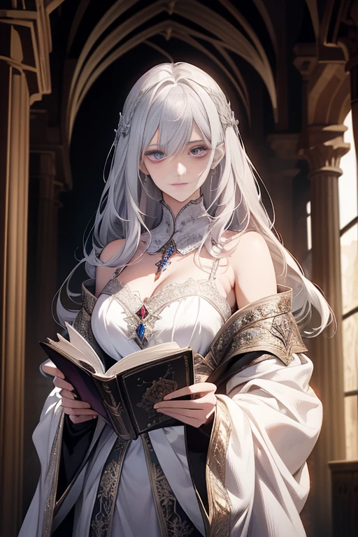 Beautiful woman reading in a medieval castle,long silvery-white hair,Light purple eyes,robe noire,bijoux,temperament,Full HD,Beaucoup de détails,Cinematic texture,Light,Meticulously drawn,atmosphère
