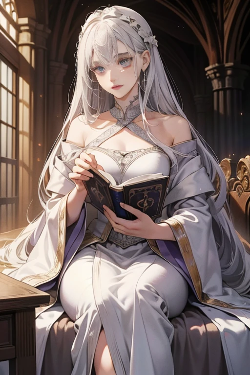 Beautiful woman reading in a medieval castle,long silvery-white hair,Light purple eyes,robe noire,bijoux,temperament,Full HD,Beaucoup de détails,Cinematic texture,Light,Meticulously drawn,atmosphère