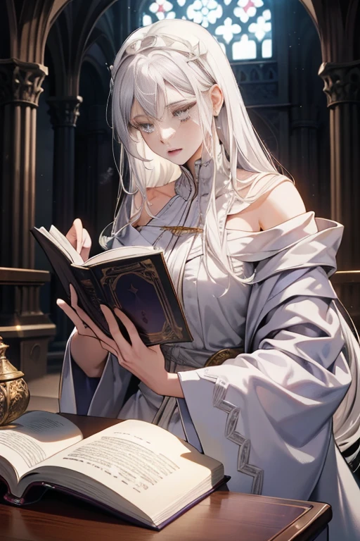 Beautiful woman reading in a medieval castle,long silvery-white hair,Light purple eyes,robe noire,bijoux,temperament,Full HD,Beaucoup de détails,Cinematic texture,Light,Meticulously drawn,atmosphère