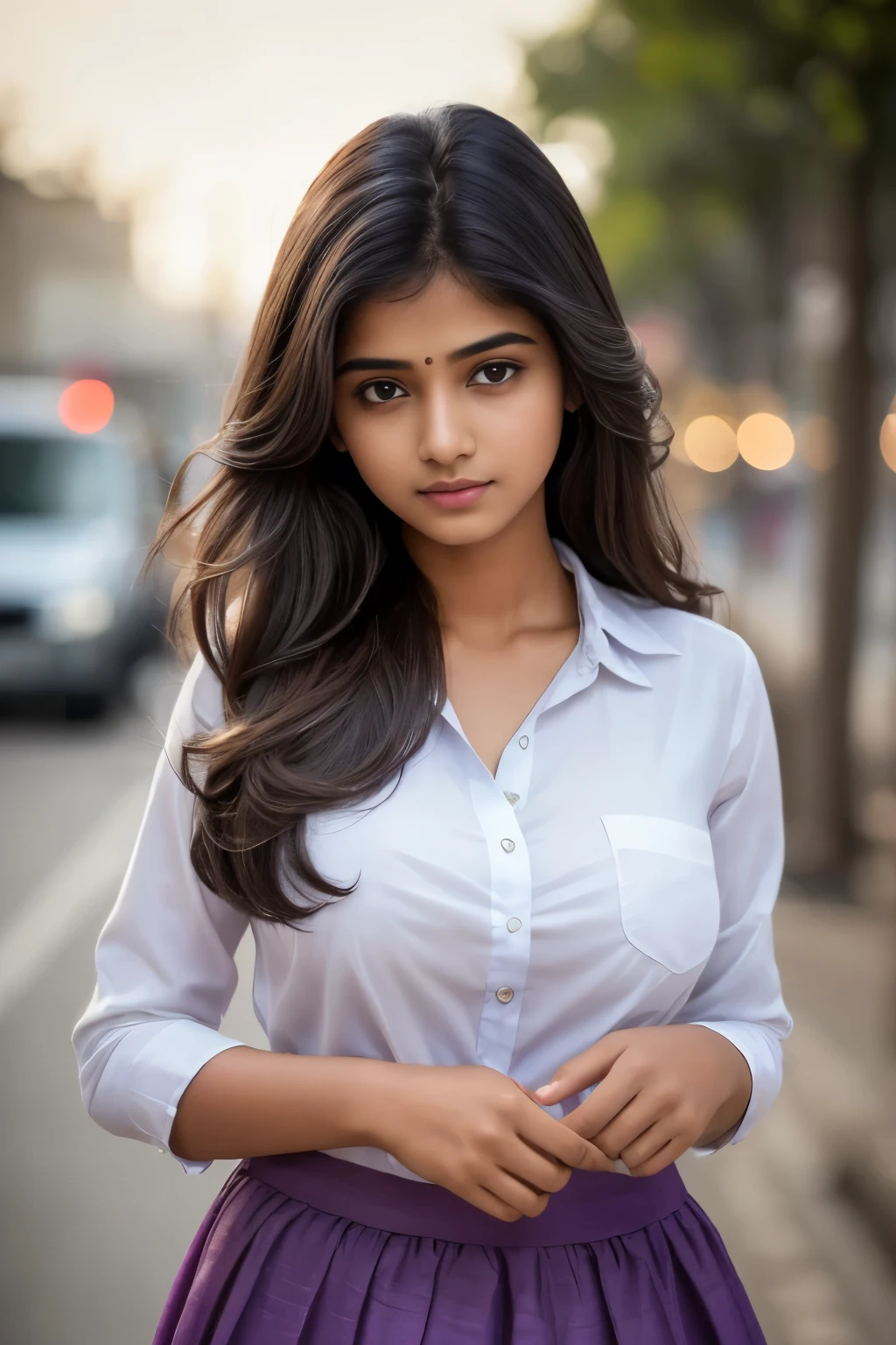 masterpiece), (best quality:1.7), (finely detailed eyes and detailed face), (detail:1.3, best quality, (ultra-detailed), (an extremely delicate and beautiful),cinematic light,dynamic angle,floating, (best quality:1.3),((disheveled hair:1.2),( beautiful detailed eyes:1.1), Indian  girl, 30 year Tamil girl, (wearing shirt , long skirt),street background, Bokeh, , very big round breast 
