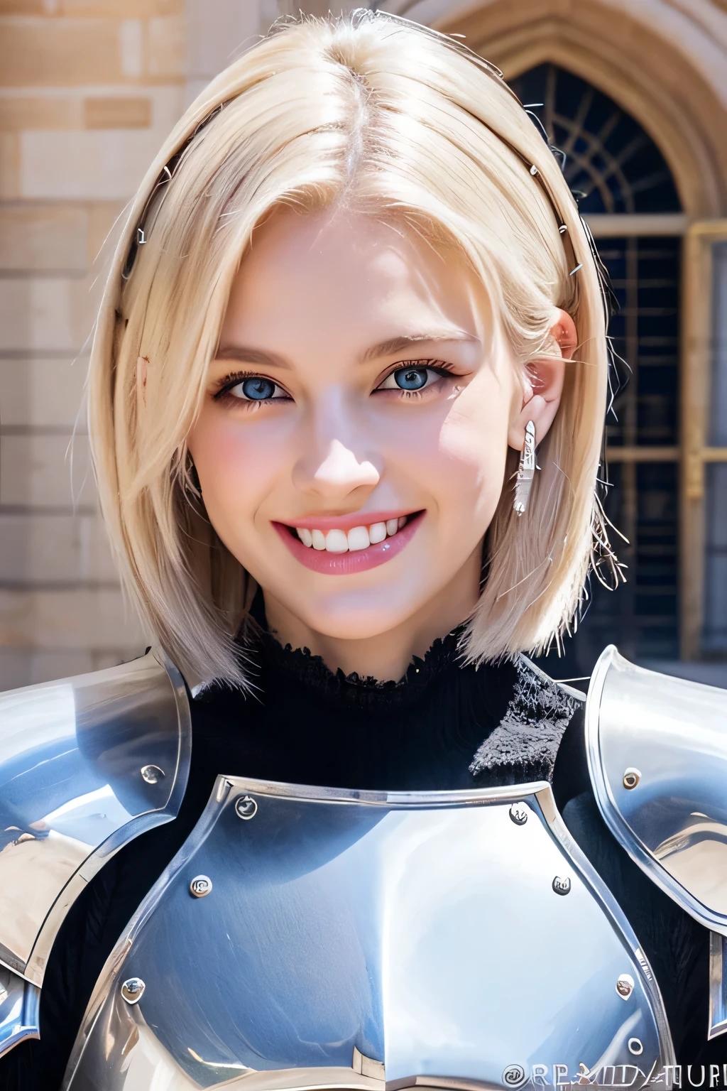8K、highest quality、female knight、Luxurious Silver Armor、、hairstyle short cut、smile、beautiful teeth、full body photo、ear piercing、blonde、white woman、blue eyes、heavy makeup、The background is inside the castle