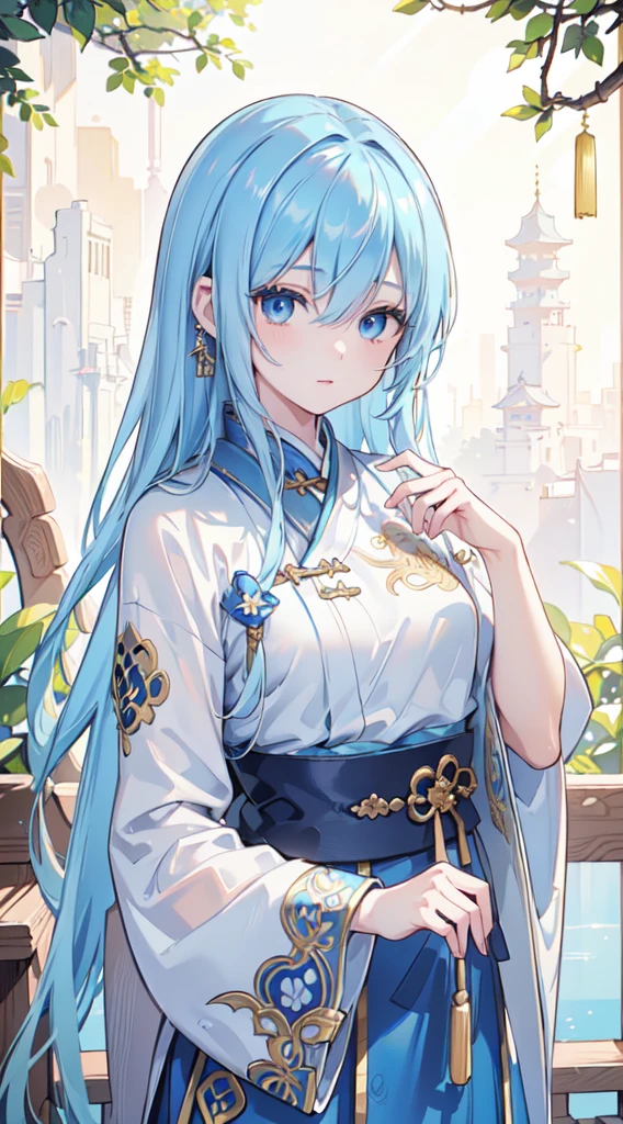 (best quality,4k,8k,highres,masterpiece:1.2),ultra-detailed,(photorealistic:1.37),beautiful detailed eyes,(detailed,ornate) blue hair,elaborately designed blue Hanfu armor,shimmering blue dagger,swallows,serene expression,delicate features,dramatic lighting,traditional Chinese garden background,swallows