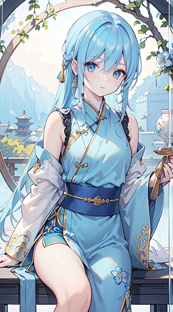 (best quality,4k,8k,highres,masterpiece:1.2),ultra-detailed,(photorealistic:1.37),beautiful detailed eyes,(detailed,ornate) blue hair,elaborately designed blue Hanfu armor,shimmering blue dagger,swallows,serene expression,delicate features,dramatic lighting,traditional Chinese garden background,swallows