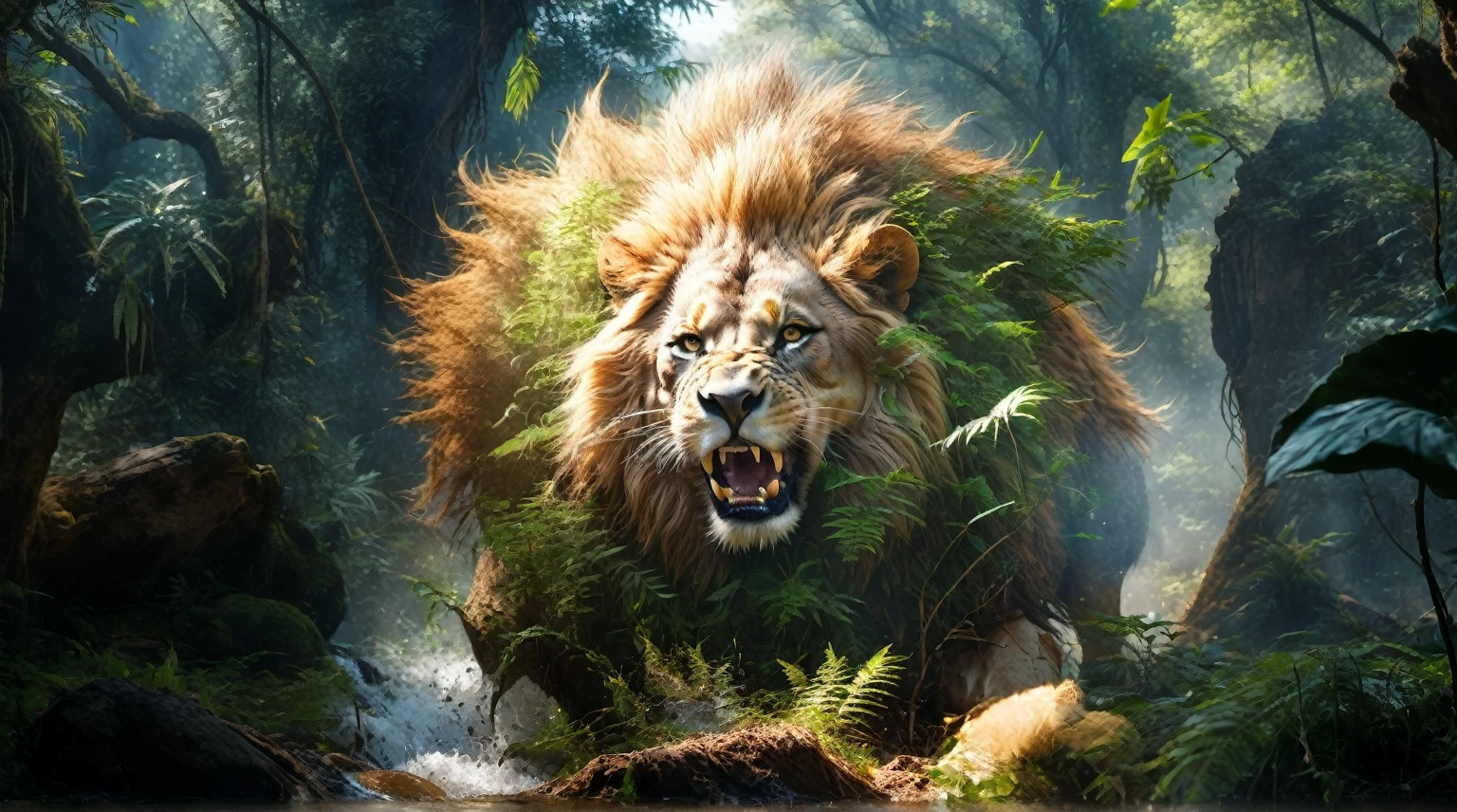 (best quality, high resolution, Super detailed, Practical: 1.37), professional, Studio Lighting, HDR, Bright colors, Clear focus, ((The majestic lion is roaring angrily: 1.8)), wild animals, Intense expression, Sharp blue eyes, Strong physique, Elegant fur, In a jungle environment, Lush green vegetation, Sunlight shines through the trees onto the lion, intense gaze, A firm and confident stance, Covert operations, Capturing the power of wildness, wild animals摄影 photography, Fine Arts, nature, touching, Fascinating, Spectacular lighting, Contrast of light and shadow, minimalist composition, a true masterpiece of nature具有强烈光晕背景阳光的真正杰作.