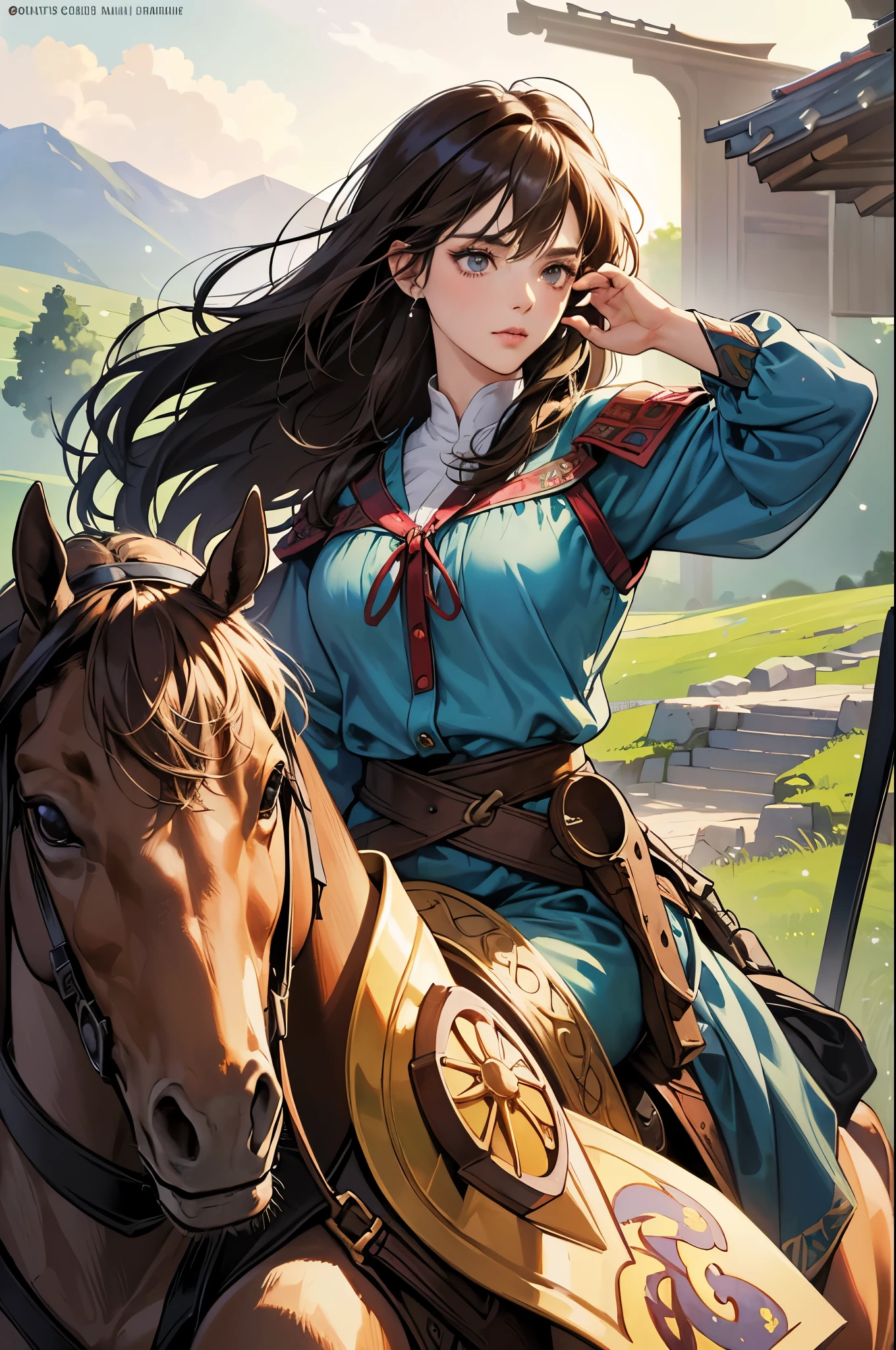 (Absurd, High resolution, Super detailed),masterpiece,highest quality,High resolution,8k,Realistic Face,Realistic skin texture,Expanded Texture, Amazing clarity,Super detailed anime girl,(Medieval Central Asia:1.3),Action pose,Dark brown hair,Holding a sword,View the viewer,Cowboy Shot,Silk road,oasis,market,horse riding