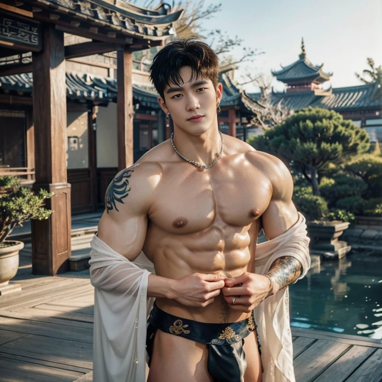 2 Handsome chinese guy kissing, smilling at each other, bare chest , muscular, show the abs, 20 years old,hug, cuddle, touching lips, skin ship, romantic, Asian, chinese hansome actor, kpop idol, handsome male model,manly, master work, best picture quality, higher quality, high detail, super high resolution, 8k resolution, perfect clear light,perfect eyes, perfect skin, manly jawline, manly chin, perfect hands, big chest muscles, bare chest, big juicy butts, tattoos chest, tattoo hands, tattoo legs, tattoo back, tattoo arms,earings, ancient pendents, braceles, glowing eyes, short hair, hair details, detailed background , open Hanfu transparent (see throught) ,super thin loincloth, big bulge, golden and silver detail in cloth, detailed perfect abs, Chinese garden background, detailed background, Chinese kung fu,skinny anciennt chinese costumes, spinning floating particles, chinese temple in background,