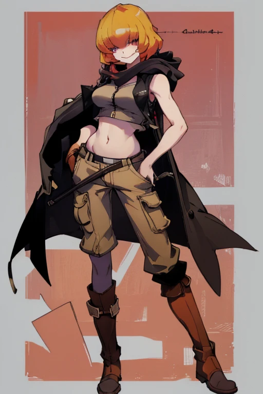 ((highest quality)), ((masterpiece)), (be familiar with),Clementine,Overload,{{nsfw}},Sleeveless hoodie,cargo pants,Bewitching Smile,whole body,boots,Long coat