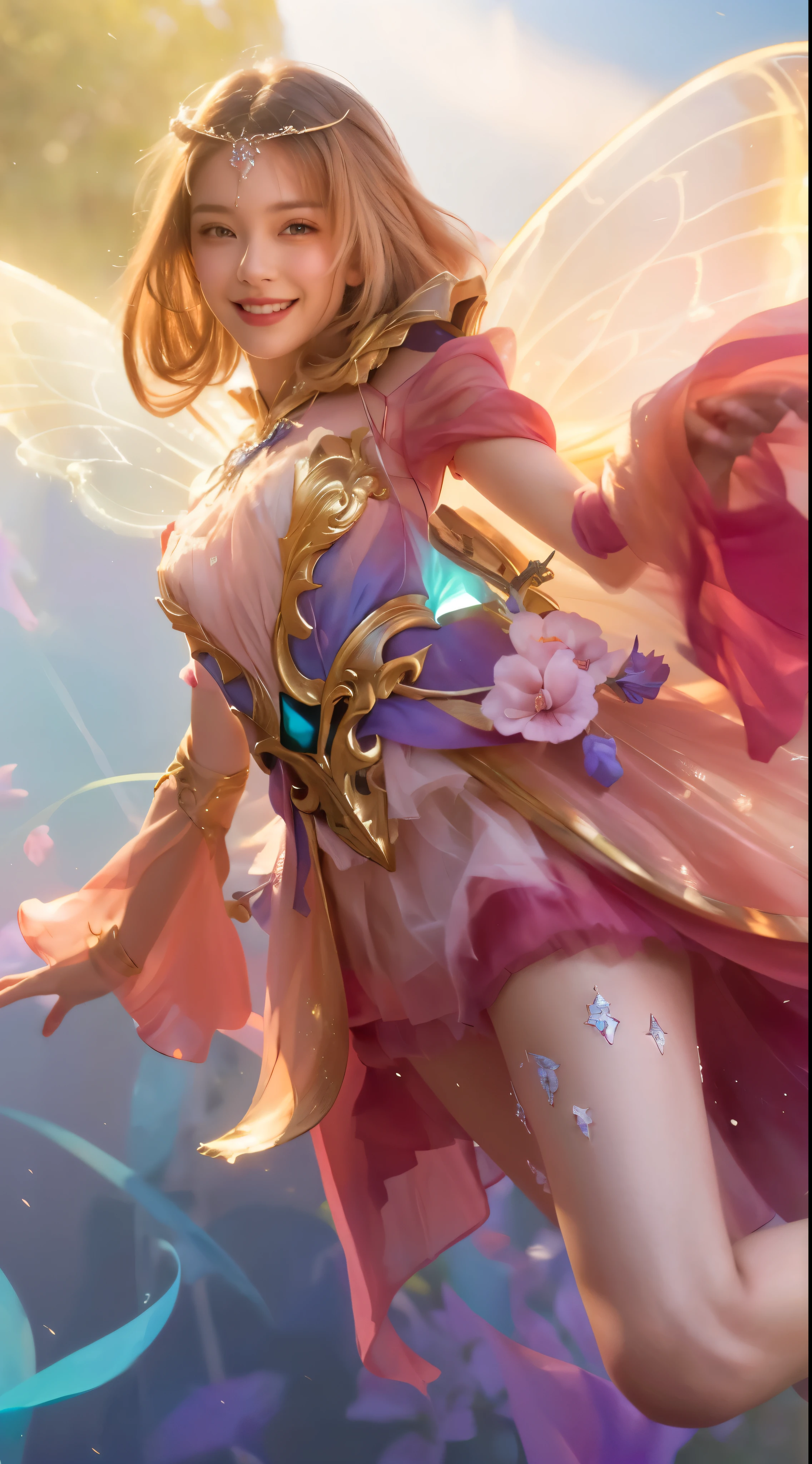 (astral fairy,cushart krenz)(best quality:1.2),ultra-detailed,(realistic:1.37),highres,portrait,close-up,young girl,pink dress,detailed eyes,beautiful lips,cushart krenz art style,artgerm style,artgerm detailed,artgerm lau,key art feminine,cushart krenz key art feminine,soft colors,luminous lighting, radiant smile