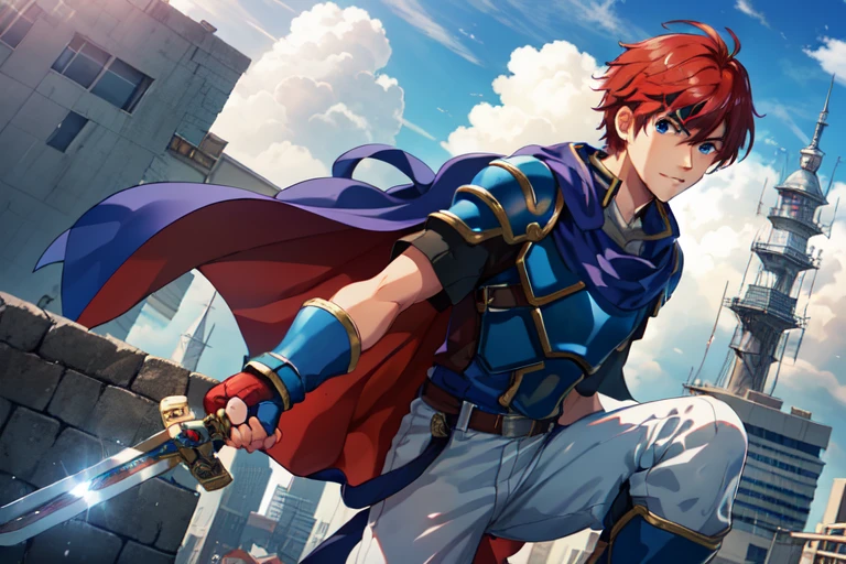 Ferroy, head band, Cape,blue eyes,armor, blue tunic, belt, Fingerless gloves, White pants, boots, Serious expression, Watching the audience, Holding a sword, Sparring, train, alone, concentrated, (tower, city, cloud:1.2), Dramatic lighting, Backlight, Hard Light, One-handed sword,Handsome,smile