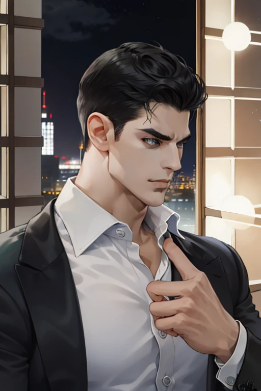 (absurd, hd, super detailed), (1 male, single, adult, mature: 1.4, age: 1.4, tall, handsome), fine eye and face portrayal, extremely short hair, black hair, hair oil, distinct hair, green eyes, (pointed chin: 1.4, thick neck: 1.4, thick eyebrows: 1.4), BREAK, night, dark, night view of the city through large windows, shirt, suit, break, upper body,