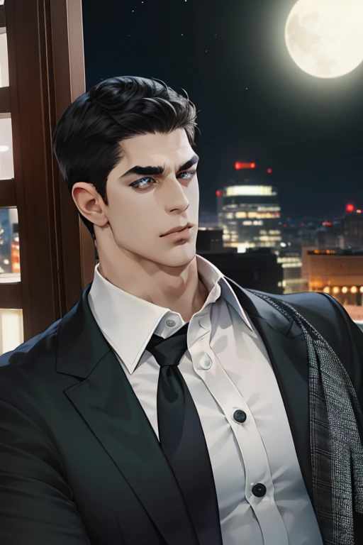 (absurd, hd, super detailed), (1 male, single, adult, mature: 1.4, age: 1.4, tall, handsome), fine eye and face portrayal, extremely short hair, black hair, hair oil, distinct hair, green eyes, (pointed chin: 1.4, thick neck: 1.4, thick eyebrows: 1.4), BREAK, night, dark, night view of the city through large windows, shirt, suit, break, upper body,