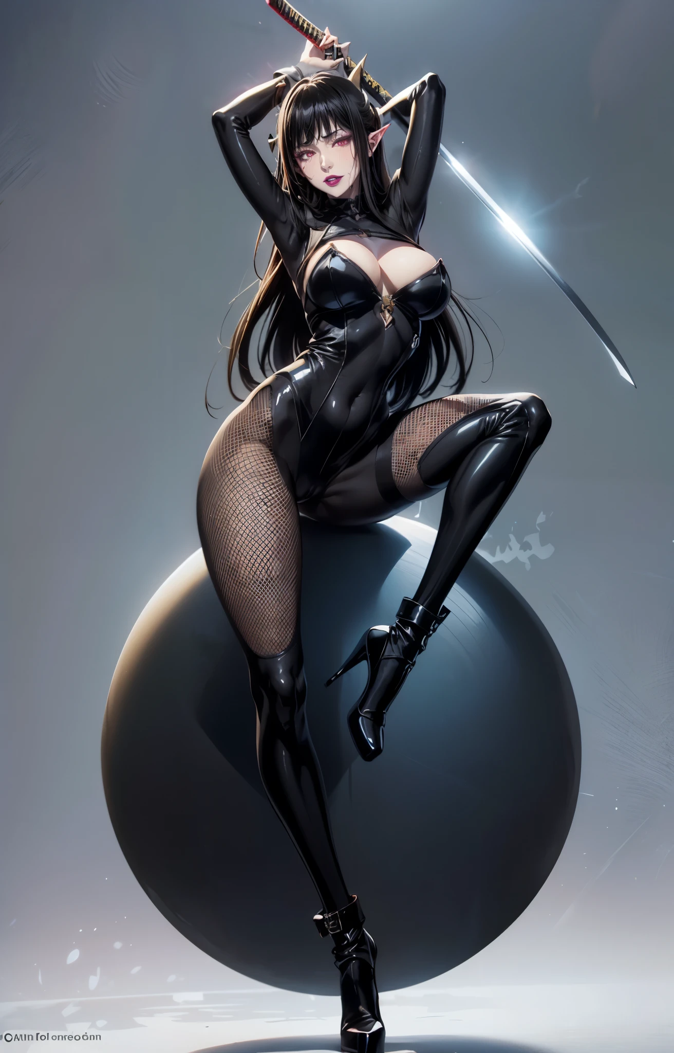 red eyes, pointy ears, long black hair, pink lipstick, makeup, pale skin, curvy, anatomically correct, heavy breathing, huge , 1girl, solo, katana, breastsheels, bodysuit, black_hair, arms_up, covered_navel, full_body, skin_tight, standing, jewelry, "Photorealistic, Hyperrealistic, Hyperdetailed, analog style, lighting, subsurface scattering, realis heavy shadow, masterpiece, best quality, ultra realistic, 8k, golden ratio, Intricate, High Detail, film photography, soft focus", (shaded face:1.2), hollow eyes, facing viewer, smirk, upper teeth, purple lips, red eyes, blush, sweating, wet, looking at viewer, glowing eyes,
