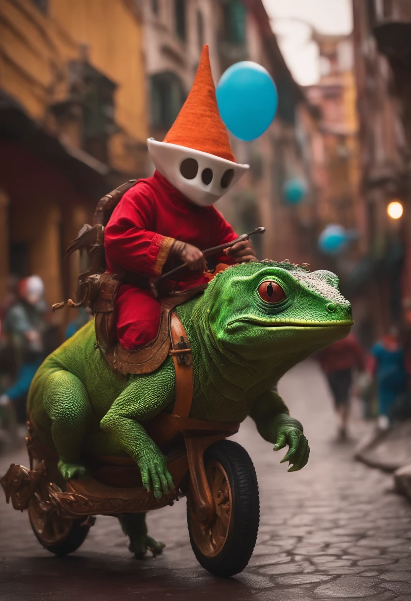 A teletubbie with a charro hat riding a giant chameleon in a cyberpunk medieval city.