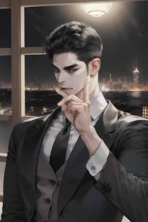 (absurd, hd, super detailed), (1 male, single, adult, mature: 1.4, age: 1.4, tall, handsome), fine eye and face portrayal, extremely short hair, black hair, hair oil, distinct hair, green eyes, (pointed chin: 1.4, thick neck: 1.4, thick eyebrows: 1.4), BREAK, night, dark, night view of the city through large windows, shirt, suit, break, upper body,