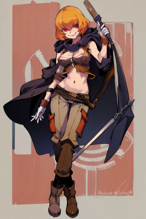 ((highest quality)), ((masterpiece)), (be familiar with),Clementine,Overload,{{nsfw}},Sleeveless hoodie,cargo pants,Bewitching Smile,whole body,boots,Long coat,Erect nipples
