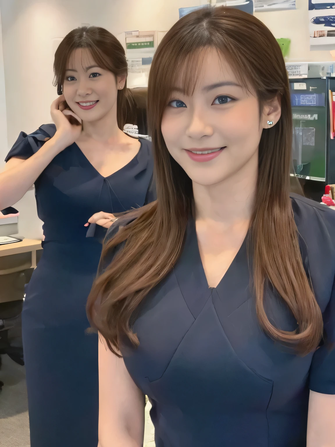 (Cute Japanese woman with a perfect body), (office ladies),  (masterpiece, high quality:1.2), Big Breasts, Office Suits, (smile), (office), Highly detailed face, ((Black Choker, Big Breasts, blue eyes, Very long eyelashes)), smile、bangs, Grace, Transparent air, (8K:1.1), Natural light, Japanese actress, (Slim face)，Same uniform，double eyelid，Big eyes，faithful servant、Shoulder Bare、ID photo