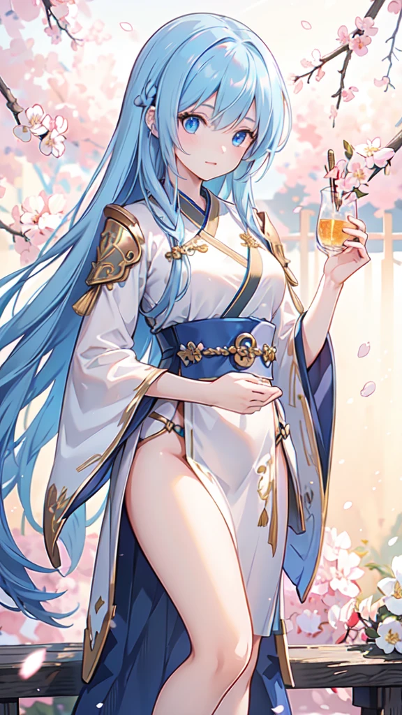 A girl resembling a swallow, with long deep blue hair, piercing blue eyes, dressed in a blue Hanfu and armor, holding a blue dagger. (best quality,4k,8k,highres,masterpiece:1.2),ultra-detailed,(realistic,photorealistic,photo-realistic:1.37), HDR, vivid colors, oil painting, detailed facial features, intricate patterns on the Hanfu, elaborate metalwork on the armor, dynamic pose in mid-air, surrounded by cherry blossoms, golden sunset lighting, a sense of tranquility and strength.
