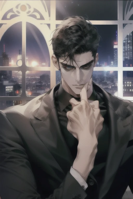 (absurd, hd, super detailed), (1 male, single, adult, mature: 1.4, age: 1.4, tall, handsome), fine eye and face portrayal, extremely short hair, black hair, hair oil, distinct hair, green eyes, (pointed chin: 1.4, thick neck: 1.4, thick eyebrows: 1.4), BREAK, night, dark, night view of the city through large windows, shirt, suit, break, upper body,