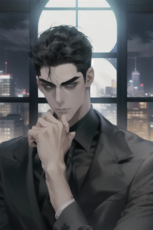 (absurd, hd, super detailed), (1 male, single, adult, mature: 1.4, age: 1.4, tall, handsome), fine eye and face portrayal, extremely short hair, black hair, hair oil, distinct hair, green eyes, (pointed chin: 1.4, thick neck: 1.4, thick eyebrows: 1.4), BREAK, night, dark, night view of the city through large windows, shirt, suit, break, upper body,