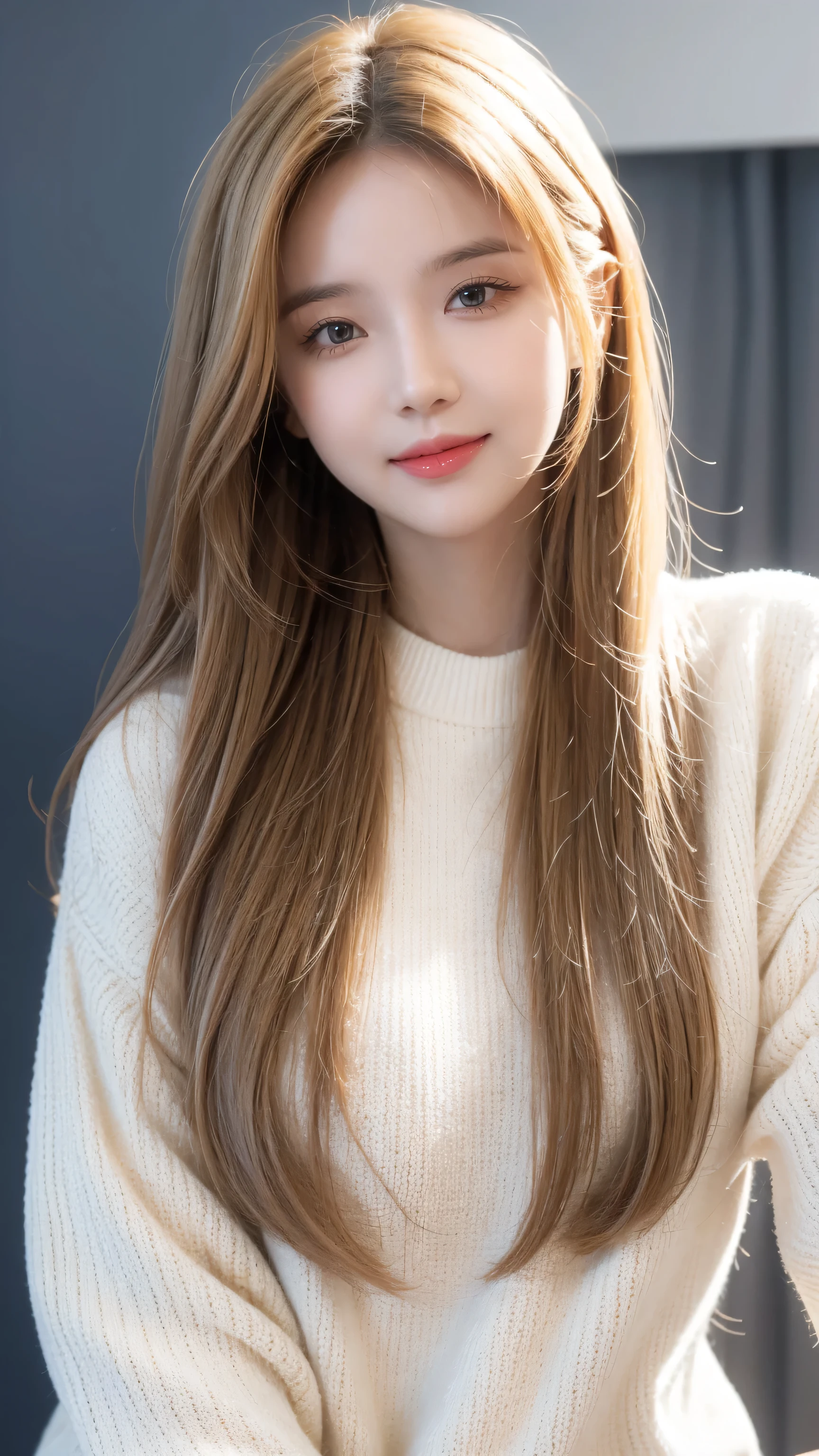 Portrait of a blonde model wearing a warm designer sweater, Brand clothing style, The sweater is completely exposed, GH5, Happy expression, Low key image, Clear Texture - Image #2 @Slenslens