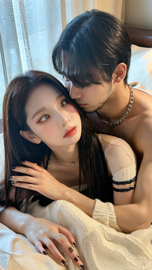 A man and woman couple lying on the bed and kissing lovingly, short hair, C cup breasts, black hair, bare shoulders, women jewelry accessories, brown eyes, Clear eyes, Dark eyeline, long eyelashes, Beautiful angular sternness, chapped lips, colorful nail art, transparent pantyhose, girlfriend wearing a short skirt, lover, caressing each other's bodies, Muscular short haired boyfriend wearing shirt and pants, face to face conversation, shy expression, complete anatomy