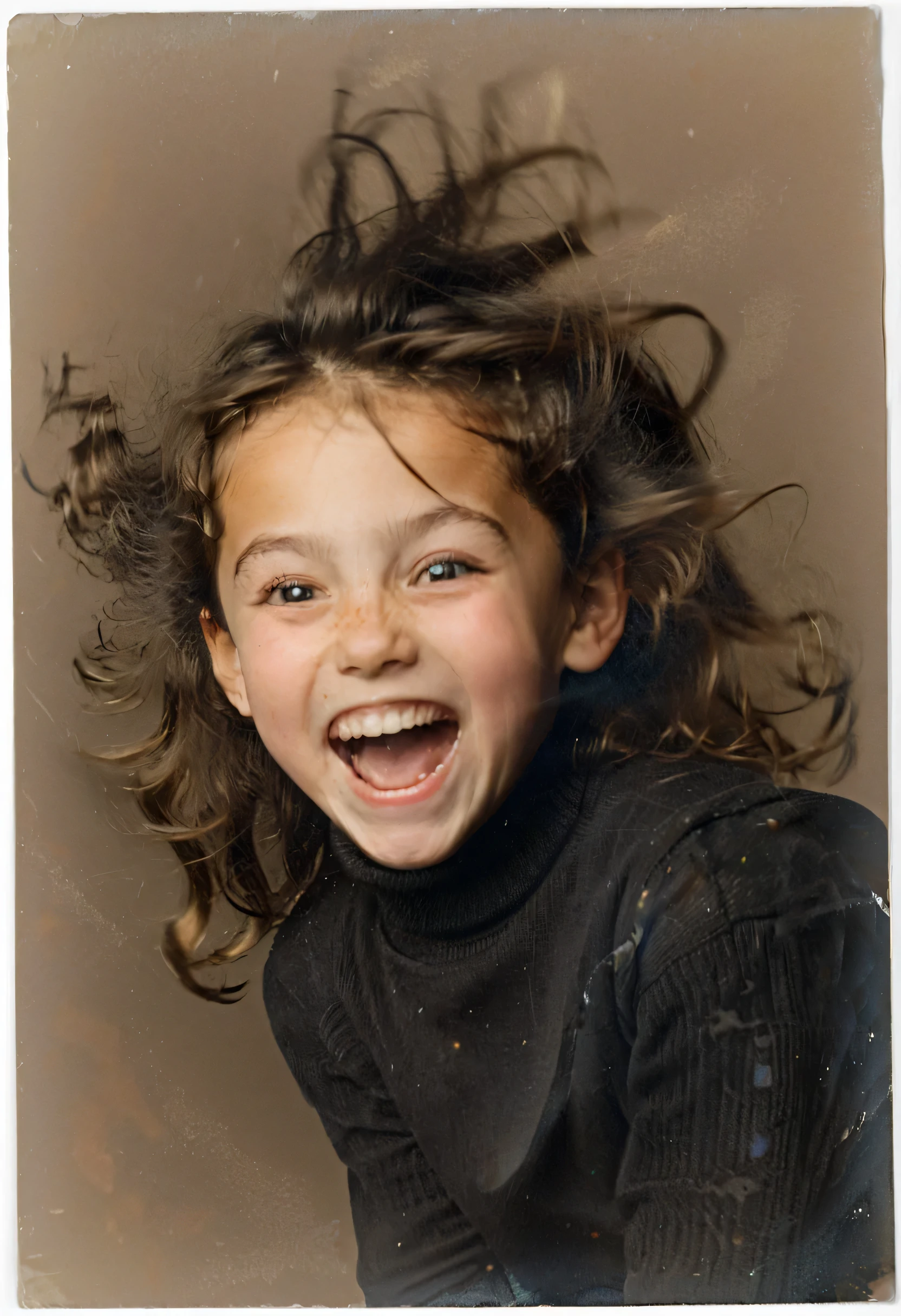 Joyful young girl,mid-motion,hair wildly tousled by movement,eyes squinted in a gleeful expression,exuding energy and vitality,solid-colored turtleneck,neutral,warm brown backdrop,dynamic lighting accentuates facial features,sharp focus on subject with a freeze-frame effect capturing the spontaneity and vibrancy of youth,soft shadows lending depth,expertly balanced contrast highlighting details,embodying youthful carefreeness and delight.,