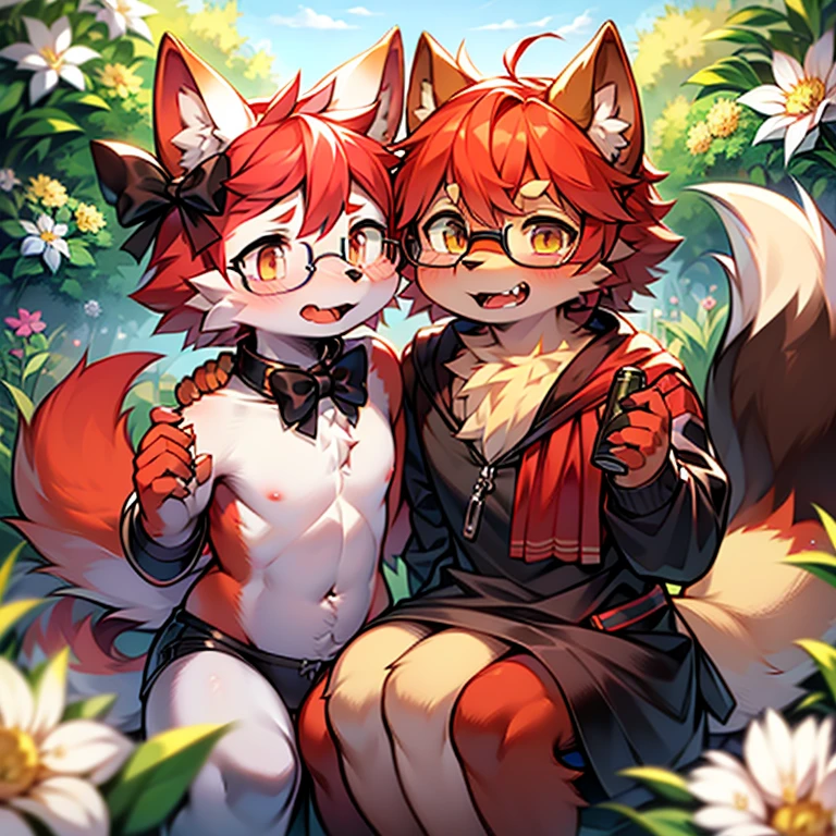 wear glasses,All over the body is red hair, Male wolf,short hair, Bright Eyes,The eyes are gray,With black bow,White belly,The tip of the tail is white,Meatballs Pink,hairy,hairy male ,Male focus,Flower charcoal,(Body hair, hairy尾巴, Red fur,),Long canine teeth,浑身hairy的,Costume Writer