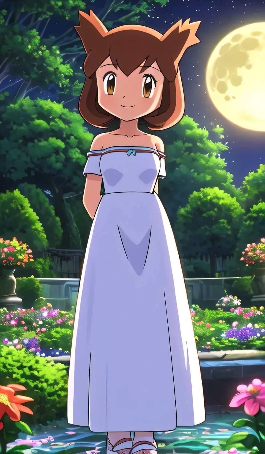 masterpiece, best quality, ultra-detailed, illustration, beautiful detailed eyes, very detailed illustration, cinematic lighting, 1 girl, solo, Pokemon Heroes (Bianca), Brown Hair, brown eyes, bare shoulders, strapless, off shoulders, white ruffle off the shoulder top, white maxi dress, arms crossed, intricate details, sharp focus, high resolution, the background of beautiful garden with a forest of flowers, on a beautiful night, full moon, smile, standing near a water pool on the bottom, arms behind back, anime style, ultra-detailed, hdr, far at the bottom, in the center, Close up