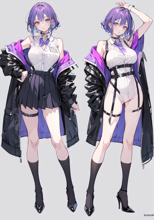Purple Hair,Shortcuts,Adult female,bartender,((Body Harness)),((Rolling up his sleevesYshirt)),High heels,,((Simple Background)),smile,((Full Body)),((full body)),((whole body)),Character Sheet,upright,,Both arms hanging straight down
