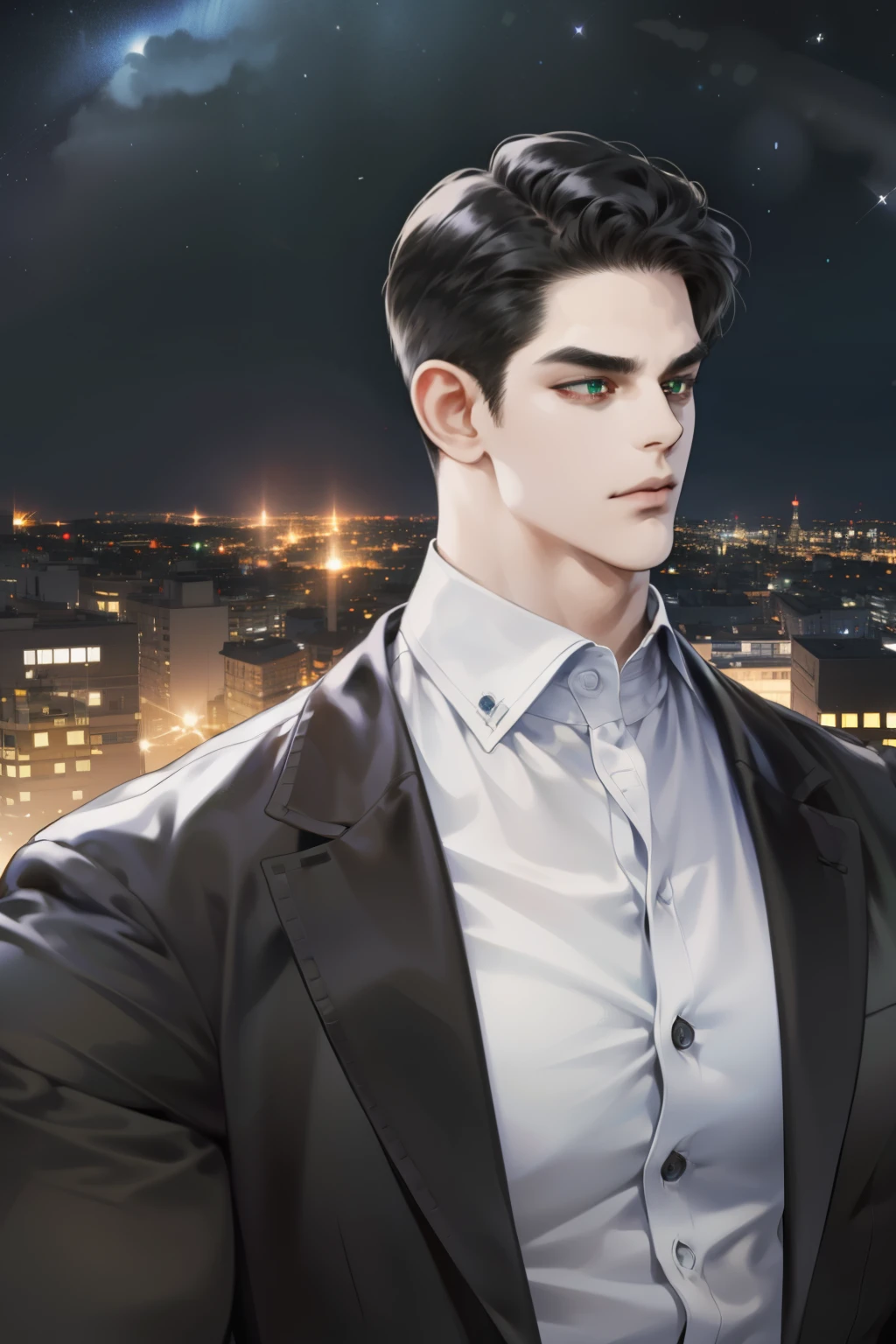 (absurd, hd, super detailed), (1 male, single, adult, mature: 1.4, age: 1.4, tall, handsome), fine eye and face portrayal, extremely short hair, black hair, hair oil, distinct hair, green eyes, (pointed chin: 1.4, thick neck: 1.4, thick eyebrows: 1.4), BREAK, night, dark, night view of the city through large windows, shirt, suit, break, upper body,