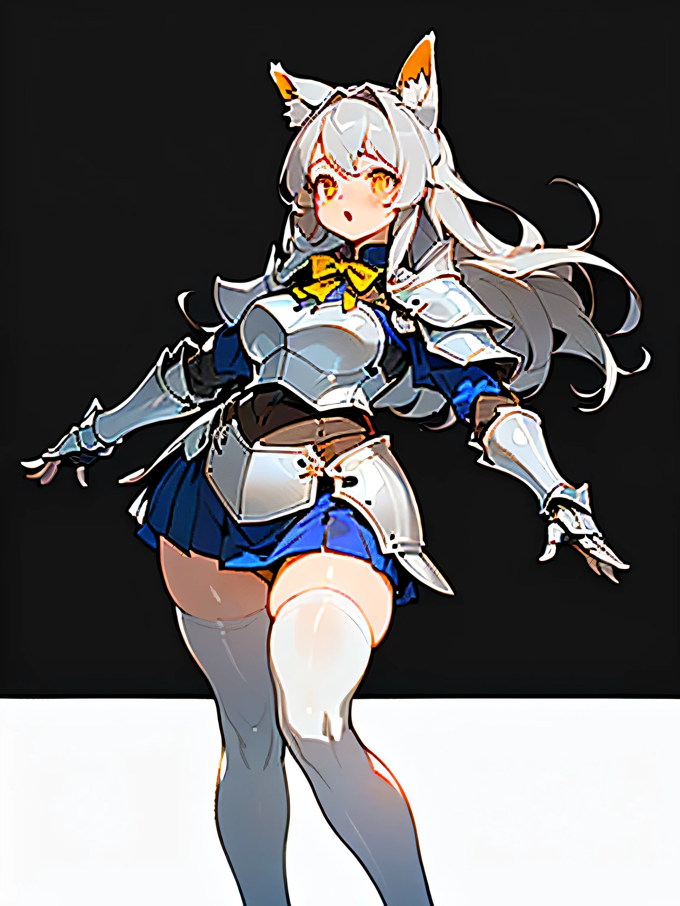 ((Masterpiece, 8k, High quality)),(adult female), (orange/yellow eyes), (((Long gray hair reaching the neck))), (fox ears), ((shy)), Height 166 cm, Weight 50 kg., Body size 33F-23-35, (((Medium bust, Big hips that are wide open))), ((wearing white stockings)), (((Wearing silver knight armor))), (blue short skirt)