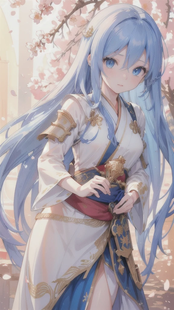 (A girl resembling a swallow, with long deep blue hair, piercing blue eyes, dressed in a blue Hanfu and armor, holding a blue dagger. (best quality,4k,8k,highres,masterpiece:1.2),ultra-detailed,(realistic,photorealistic,photo-realistic:1.37), HDR, vivid colors, oil painting, detailed facial features, intricate patterns on the Hanfu, elaborate metalwork on the armor, dynamic pose in mid-air, surrounded by cherry blossoms, golden sunset lighting, a sense of tranquility and strength.