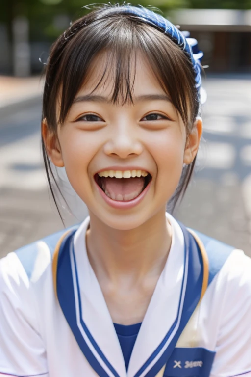 Japanese,10 years old,Summer Sailor Uniform,Look Up,Looking up,Cross-eyed,Cross-eyed,Open your mouth wide,Sticking out tongue,Showing tongue,cute,Face close-up,Twin bun hairstyle