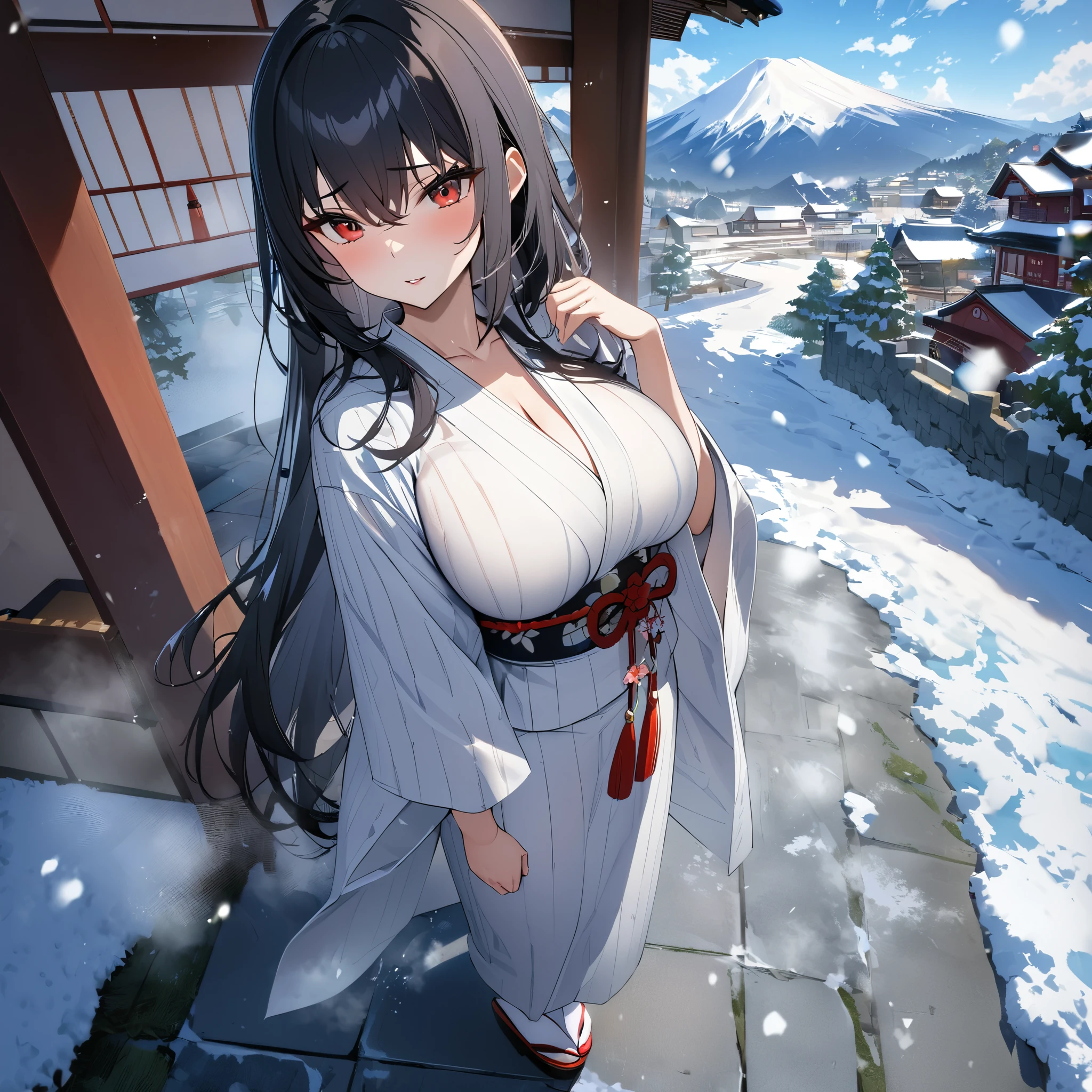 A woman wearing a traditional white Yukata, yukata with white and red flower details, Japanese shoes, with a white belle cape, long black hair, red eyes, large breasts, standing on a concrete sidewalk, snowing place, winter weather , traditional Japanese houses in the background, trees covered in ice, mountain covered in ice in the background, blue sky with clouds,ultra resolution, sharp, masterpiece, 8K HD (solo woman)