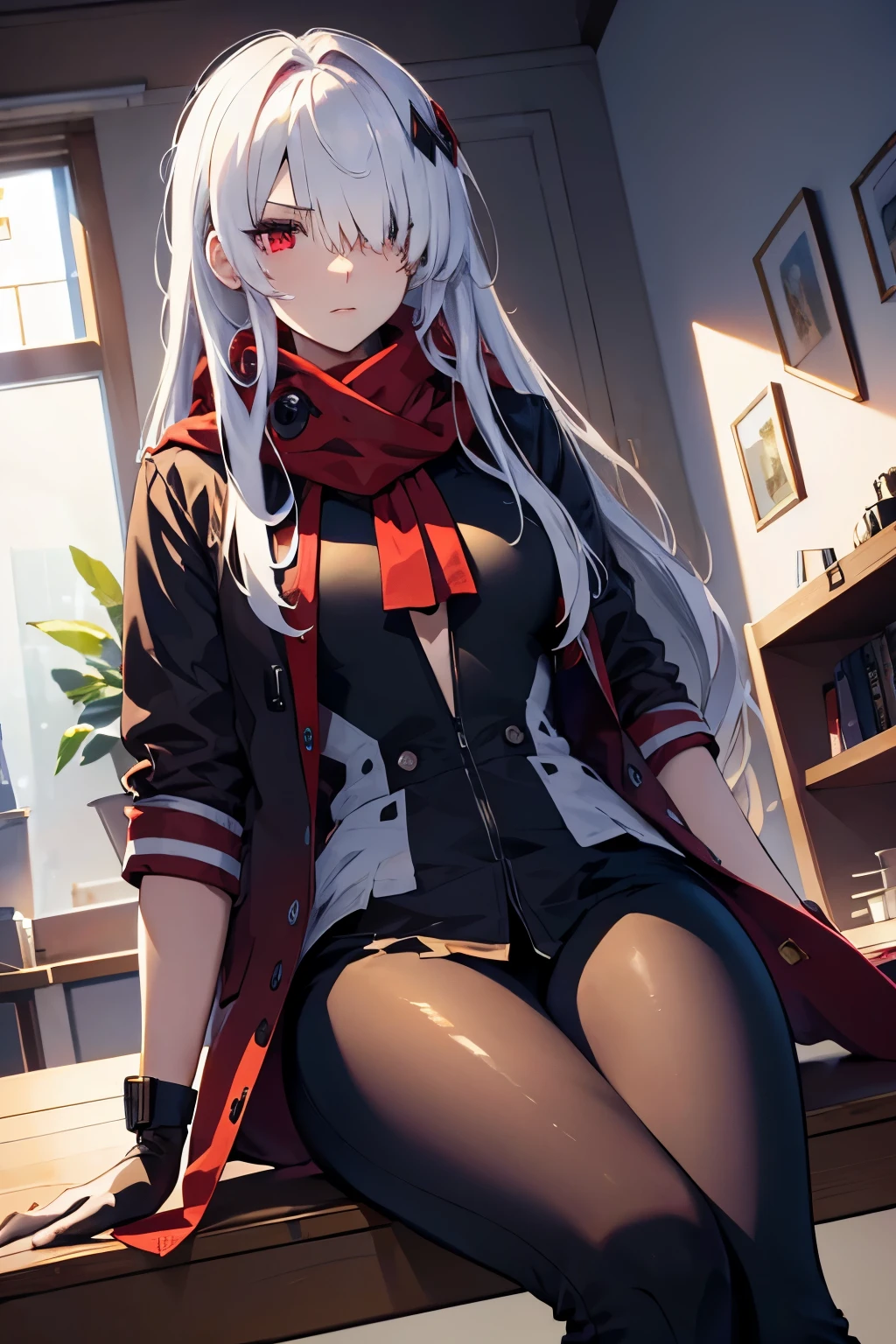 (best quality:1.3), (masterpiece:1.3), (illustration:1.3), (ultra-detailed:1.3), (mid shot:0.9), 1girl, white hair, one eye covered, ((hair over one eye)), solo, ((large breasts)), tall, mature, long hair, serious expression, red overcoat, black pants, upper body, hair ornament, facial mark, heterochromia, ((red eyes, grey eyes)), red scarf, red jacket, open jacket, red pouch, sitting, indoors, 