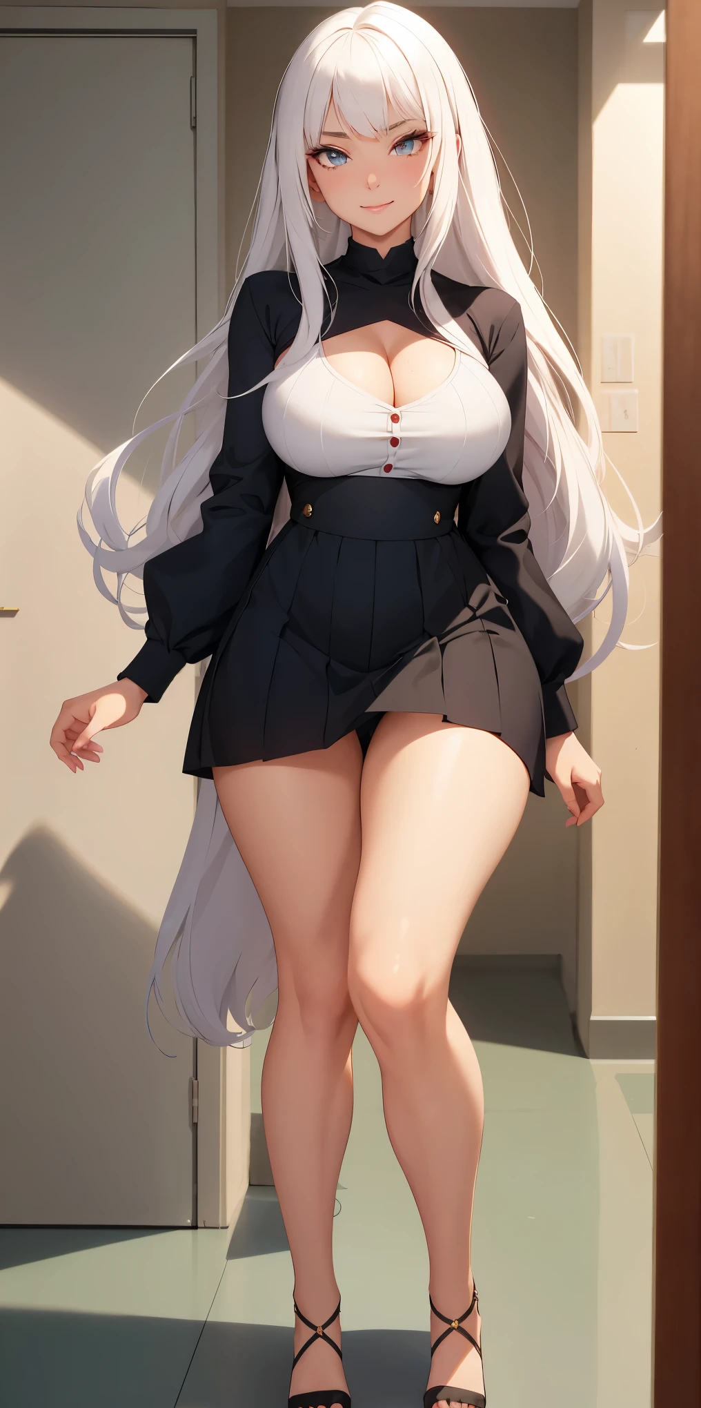 (Full body:1.2),(arms behind head:1.5),(spreading her legs:1.2),Cinematic lighting,look viewer,(Shiny skin:1.2),Shiny pantyhose,Beautiful face, Highly detailed,officlal art, Extremely detailed CG unity 8k wallpaper,Best quality,((Masterpiece)),(Detailed eyes1.2),absurdities, incredibly absurd, hugefilesize,Ultra-detailed, Extremely detailed, Beautiful detailed girl, Beautiful detailed eyes,1 girl,(独奏:1.1),kawaii,only_shoulders,(White shirt:1.5),(Ultra short pleated skirt:1.2),((tight garter_leather belts)),(black legwear:1.2),heart in eye,Long hair,(White hair:1.2),Striped hair,Confusion_haired,(Huge:1.2) breasts,haired_Bow,Collar,Thick coating,The Face of the Anime Goddess,proud,Tight thighs,between breasts,breasts apart,(Stand:1.5),Devil figure,((Tilt the upper body forward )),( from a bottom-up perspective)