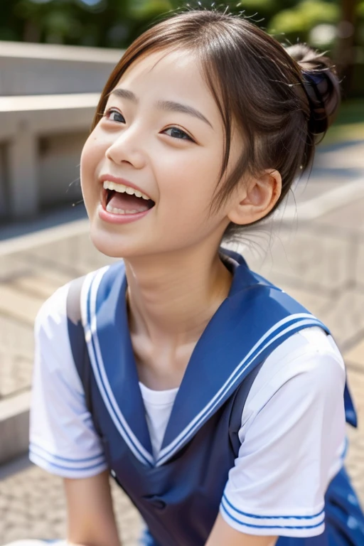 Japanese,10 years old,Summer Sailor Uniform,Look Up,Looking up,Cross-eyed,Cross-eyed,Open your mouth wide,Sticking out tongue,Showing tongue,cute,Face close-up,Twin bun hairstyle