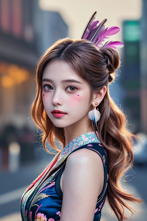 (RAW Photos, highest quality), (Realistic, Photo Realistic: 1.3), highest quality, Very detailedな, masterpiece, Hyper Detail, figure, 1 girl, Painting on the forehead, upper_body, Dynamic Angle, World masterpiece Theater, Messy_length_hair, highest quality, Very detailedな CG 統合 8k 壁紙, ink, wonderful, Cinema Lighting, ((A mix of vibrant colors and patterns)), See-through,Sleeveless blouse,Silk wide pants,beautifully,mysterious:1.2, (One girl:1.3), Very detailed,(Fractal Art:1.1),(colorful:1.1)(Floral Outfit:1.3), Mature Woman,(Light brown curly hair buns),長い前hair, A kind smile, (Mouth closed), (highest qualityのmasterpiece:1.2) Delicate illustrations, Most detailed,Full body portrait, (Street Background:1.3), (Shiny skin), (Many colors:1.4), ,(Earrings), (feather:1.5),