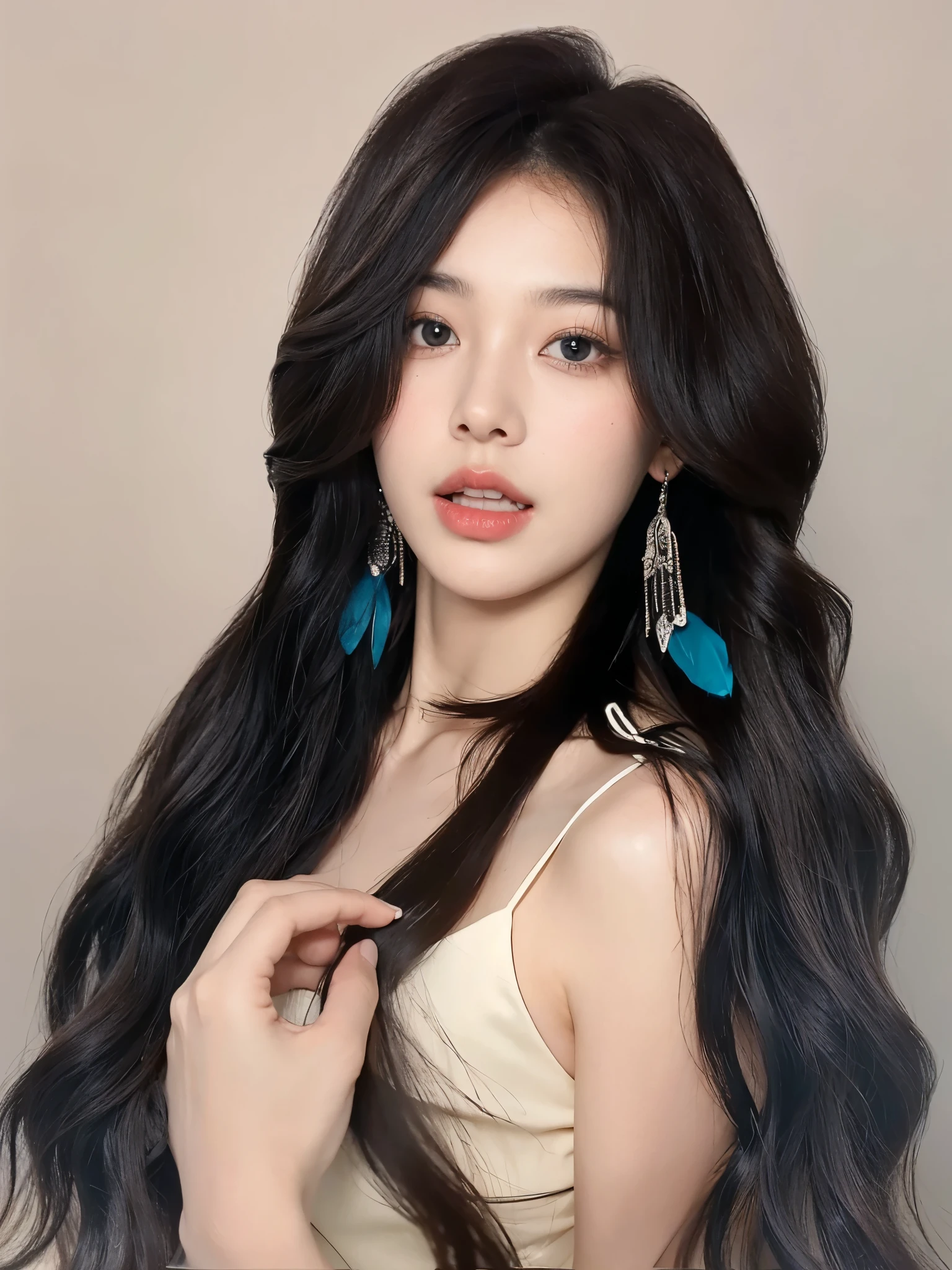 Middle-parted bangs,Water ripple curls,Black long curly hair,The background is clean and simple,Natural and beautiful hair