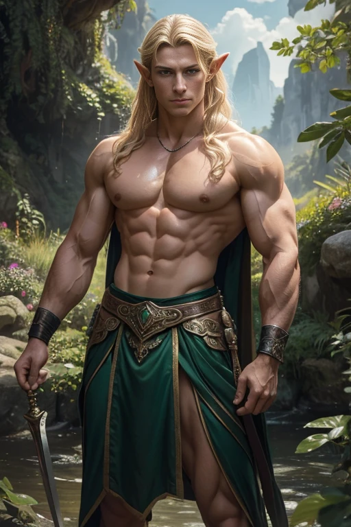 A stunningly chiseled elven warrior with the trademark pointed ears, luscious blonde locks cascading down his broad shoulders, and emerald green eyes brimming with determination. Revealing his sculpted physique, he stands amidst nature's bountiful embrace, perspiration glistening off his glistening skin, as he diligently hones his muscles in the open air. Captured in an exquisite oil painting, this masterful artwork flawlessly captures the essence of a Victorian-era hero, radiating strength and allure. The image pulsates with vibrant colors and exceptional attention to detail, visually immersing viewers in a world of fantasy and admiration.
