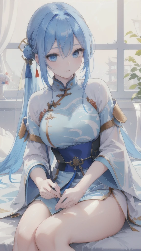 (blue-haired girl,vibrant blue eyes,traditional Chinese gown and armor in shades of blue,a blue dagger,swallows),(best quality,4k,8k,highres,masterpiece:1.2),ultra-detailed,(realistic,photorealistic,photo-realistic:1.37),portraits,vivid colors,sharp focus,swirling mist,soft lighting,mysterious ambiance