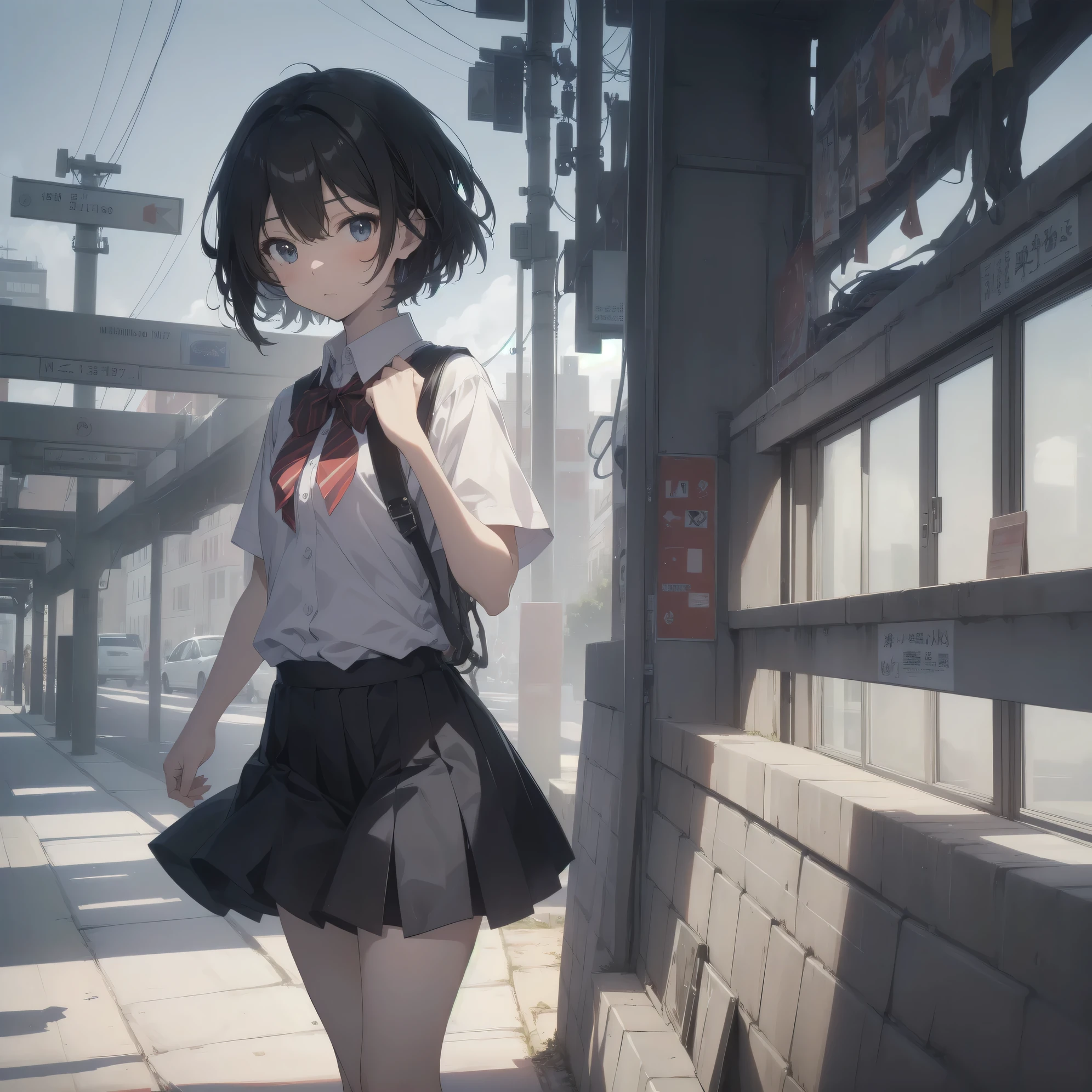 Anime girl in a short skirt and white shirt standing on a sidewalk ...