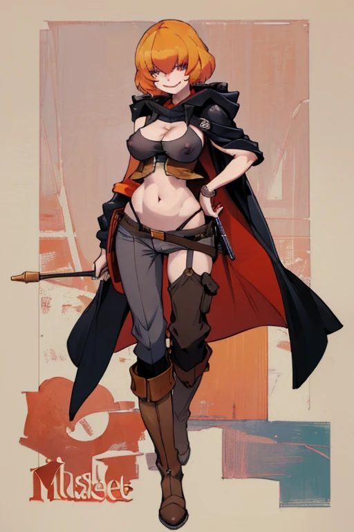 ((highest quality)), ((masterpiece)), (be familiar with),Clementine,Overload,{{nsfw}},Sleeveless hoodie,cargo pants,Bewitching Smile,whole body,boots,Long coat,Erect nipples