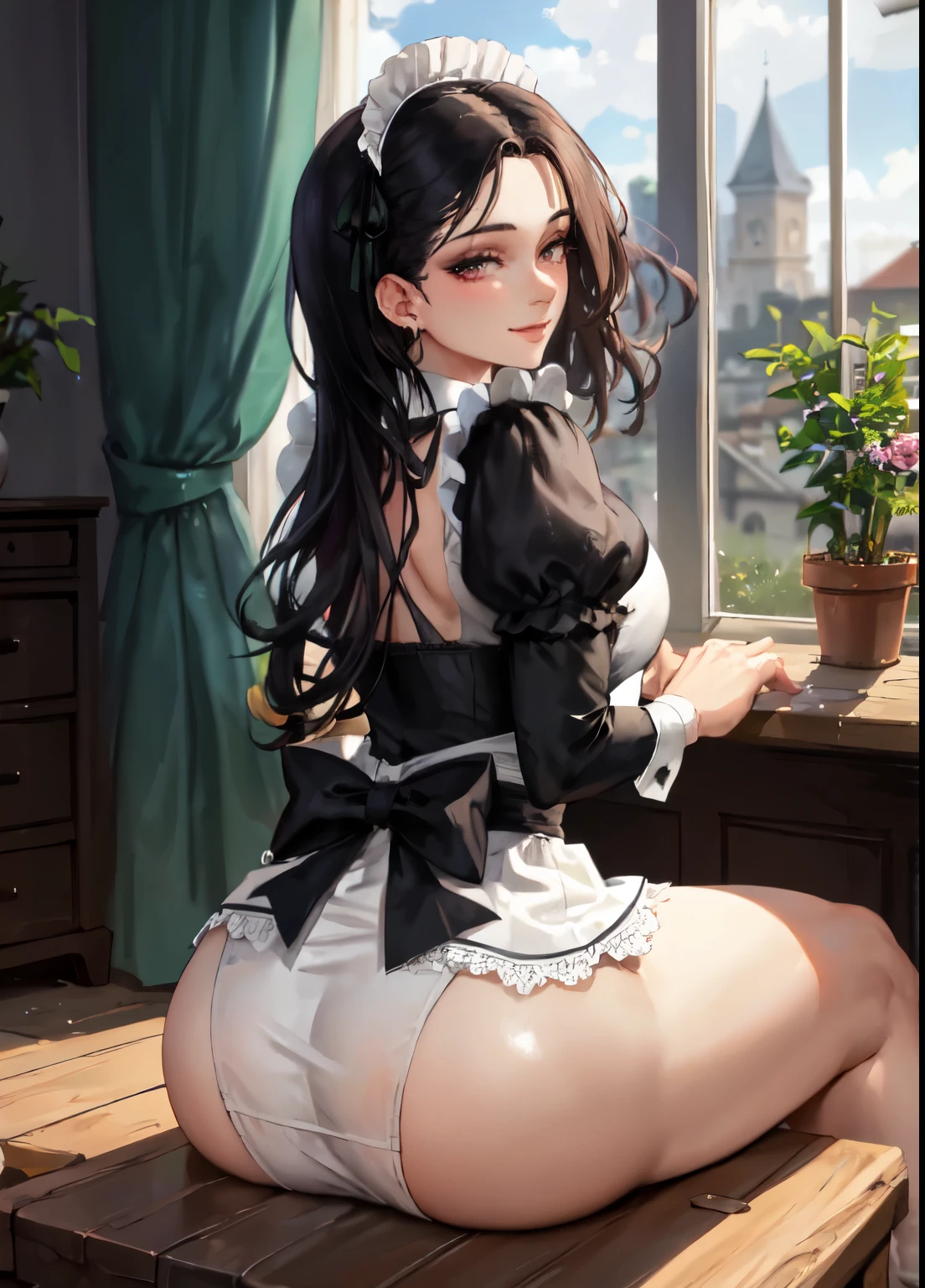 1girl, ,maid,victorian,shiny skin ,seductive smile,from behind,sitting,miniskirt, (masterpiece, high quality:1.2)