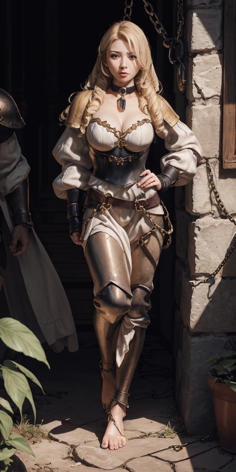 (Forest:Face:LORA)(Curly Blonde Long Hair) full body, barefoot, solo, female, big breast, linen tunic, fantasy village, armor, handcuffs on their hands with a collar around the neck, hands on hips, slave ((black choker, shackles on legs and arms))