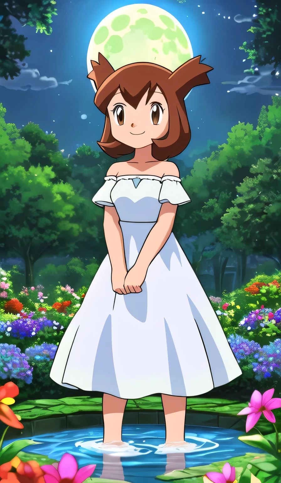 masterpiece, best quality, ultra-detailed, illustration, beautiful detailed eyes, very detailed illustration, cinematic lighting, 1 girl, solo, Pokemon Heroes (Bianca), Brown Hair, brown eyes, bare shoulders, strapless, off shoulders, white ruffle off the shoulder top, white maxi dress, arms crossed, intricate details, sharp focus, high resolution, the background of beautiful garden with a forest of flowers, on a beautiful night, full moon, smile, standing near a water pool on the bottom, anime style, ultra-detailed, hdr, far at the bottom, in the center, Close up