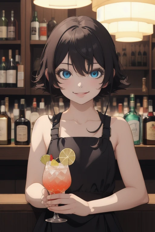 (RAW photo, best quality), 1girl,  overhead lighting, upper body, cocktail bar, smile, dress,  light on face,
satosh kon art style