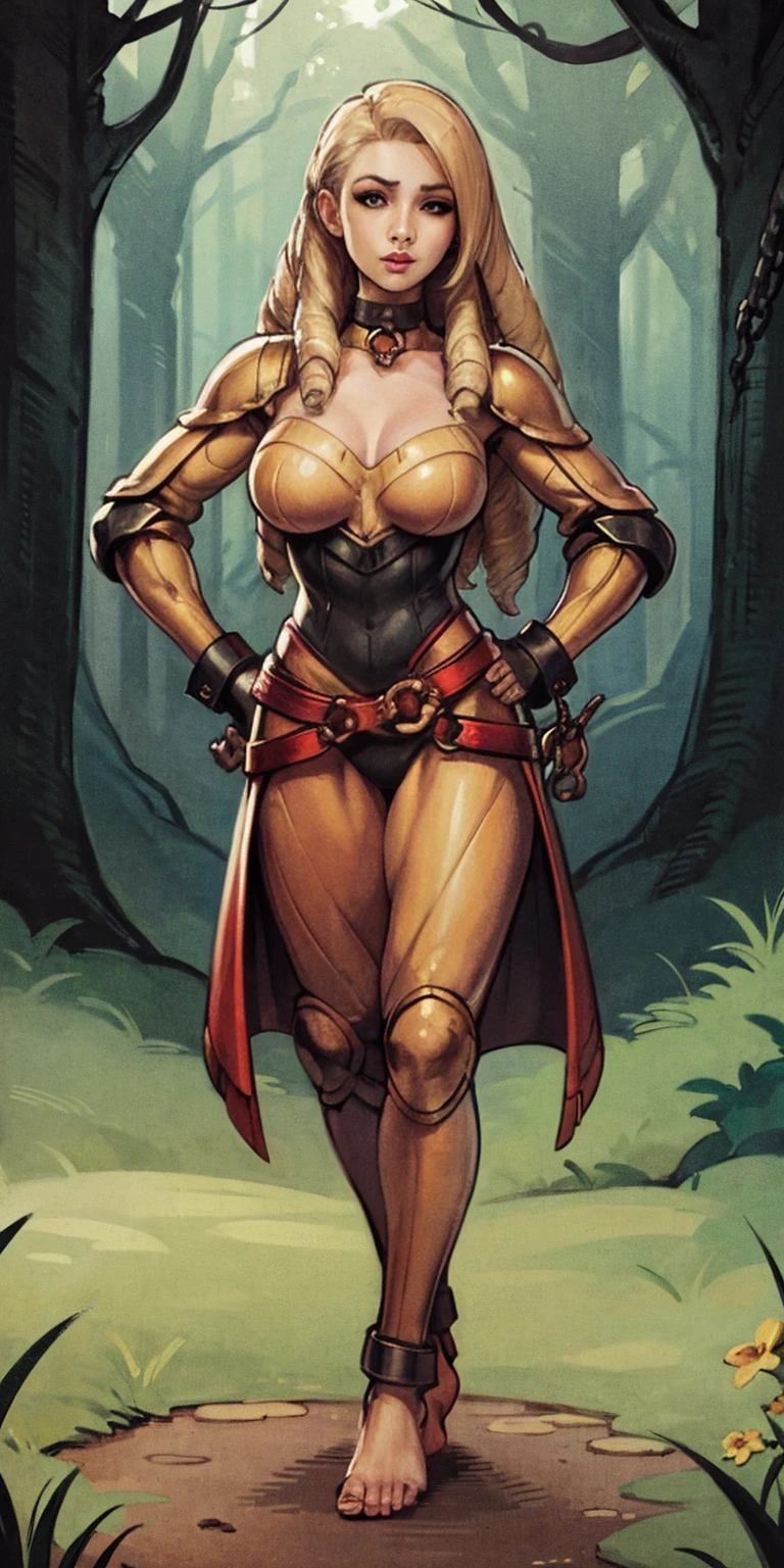 (Forest:Face:LORA)(Curly Blonde Long Hair) full body, barefoot, solo, female, big breast, linen tunic, fantasy village, armor, handcuffs on their hands with a collar around the neck, hands on hips, slave ((black choker, shackles on legs and arms))