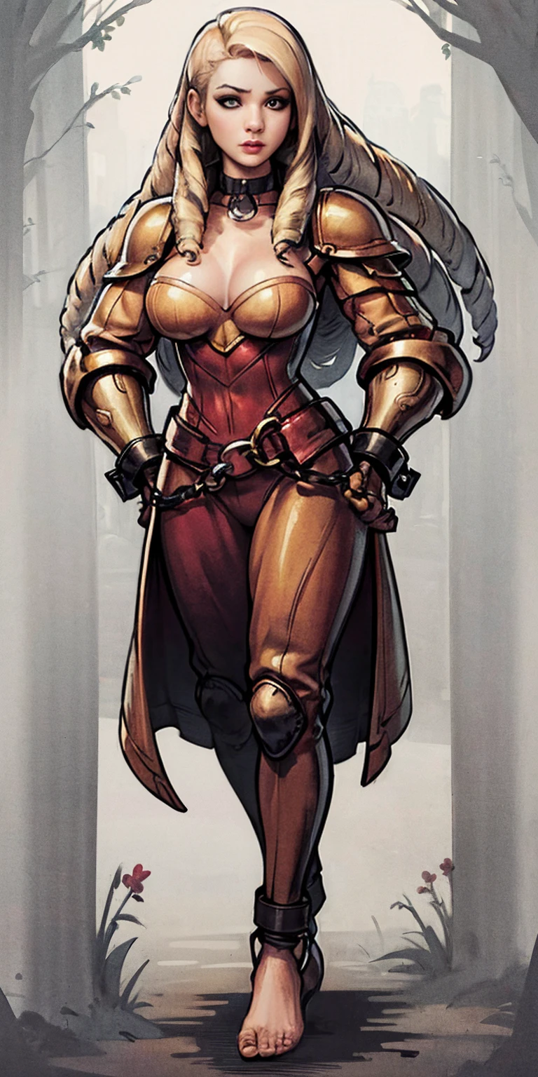 (Forest:Face:LORA)(Curly Blonde Long Hair) full body, barefoot, solo, female, big breast, linen tunic, fantasy village, armor, handcuffs on their hands with a collar around the neck, hands on hips, slave ((black choker, shackles on legs and arms))