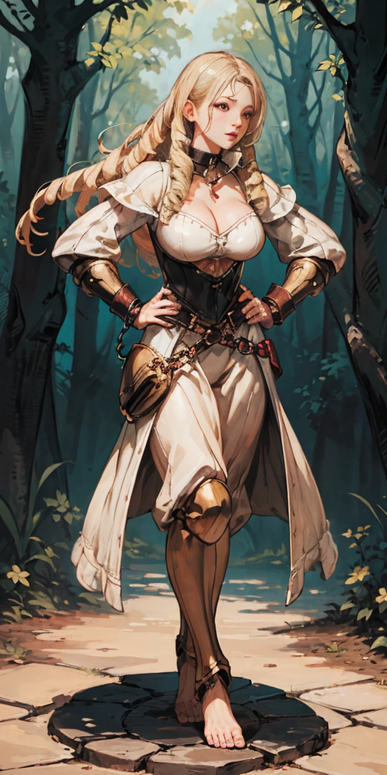 (Forest:Face:LORA)(Curly Blonde Long Hair) full body, barefoot, solo, female, big breast, linen tunic, fantasy village, armor, handcuffs on their hands with a collar around the neck, hands on hips, slave ((black choker, shackles on legs and arms))